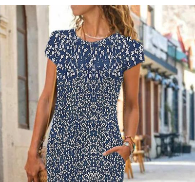 Royal Blue White Floral Print Round Collar Maxi Dress