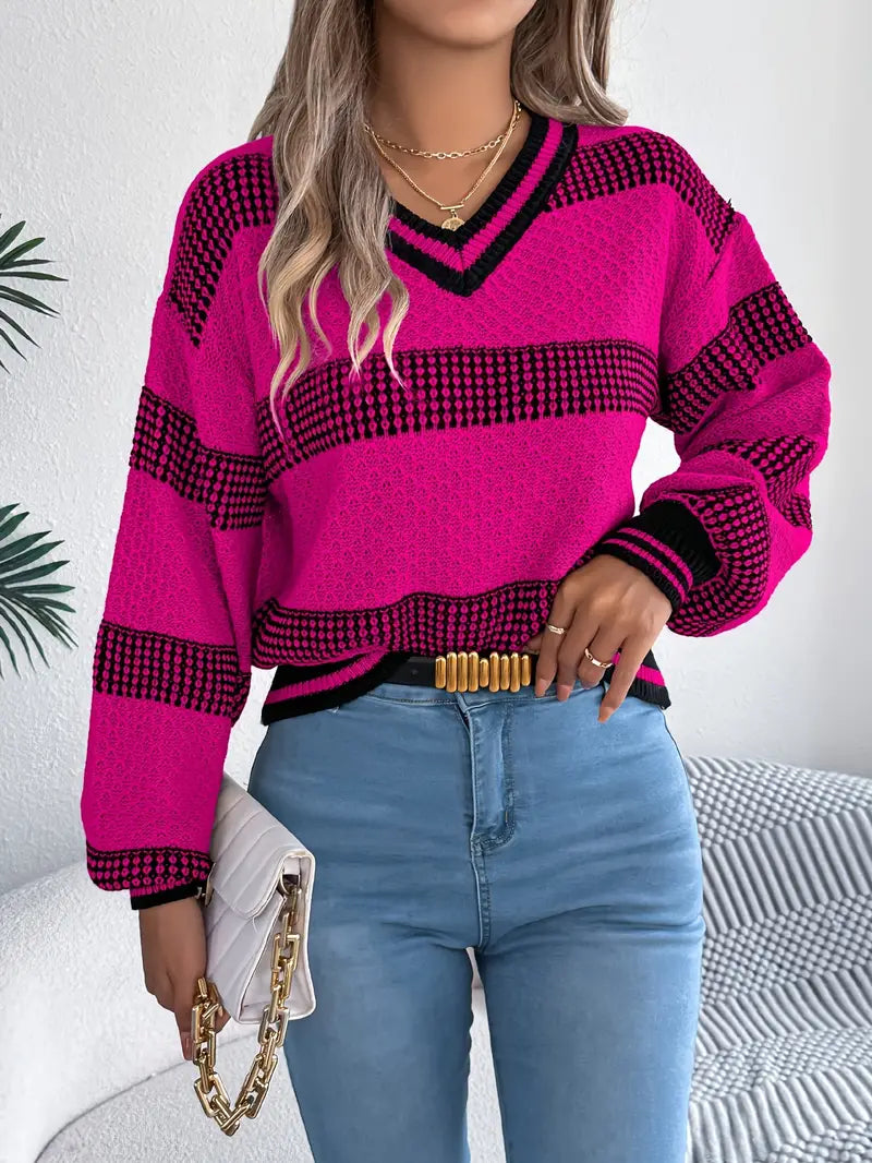 Women's Elegant Striped V-Neck Sweater