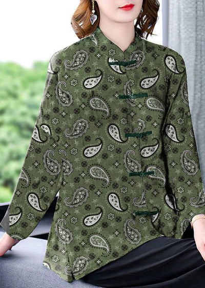 Original Black Mandarin Collar Button Floral Print Silk Coats Long Sleeve