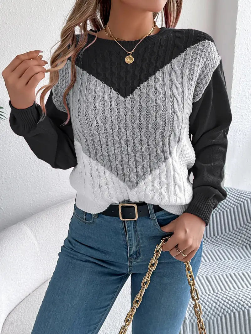 Women's Elegant Color Block Crew Neck Sweater