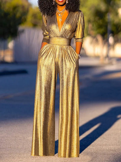 High Waisted Three-Quarter Sleeves Shiny Solid Color Deep V-Neck Jumpsuits Bottoms