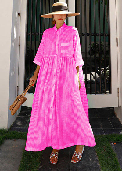 Bohemian Pink Peter Pan Collar Striped Button Pockets Wrinkled Long Dresses Half Sleeve