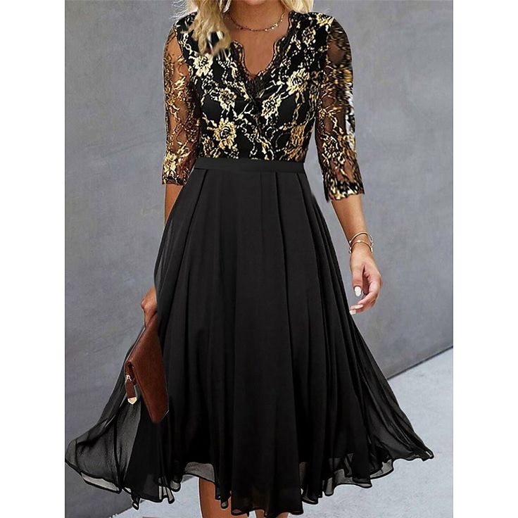 Stylish V-Neck 3/4 Sleeve Midi Dress