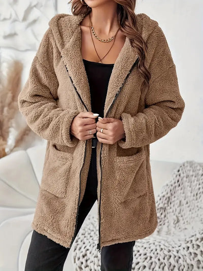 Women's Elegant Zipper Patch Pocket Long Sleeve Plush Hooded Coat