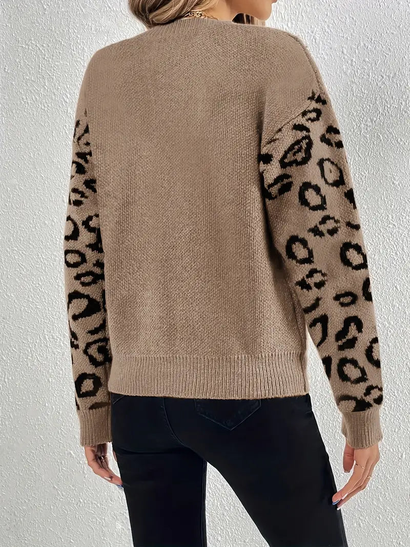 Women's Leopard Print Round Neck Sweater