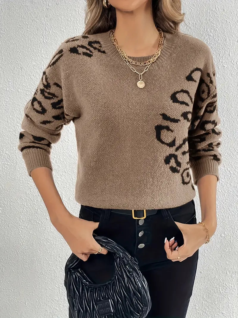 Women's Leopard Print Round Neck Sweater