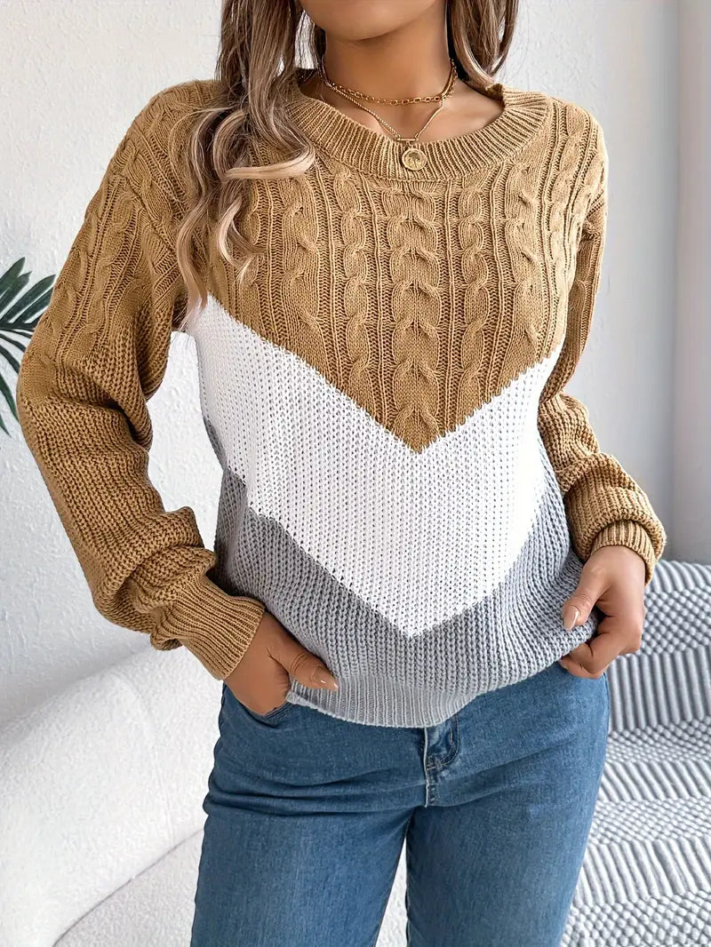 Elegant Two-Tone Crew Neck Sweater for Women's