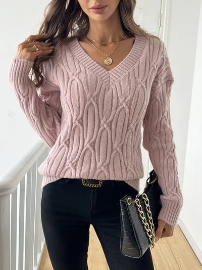 Plain V-neck Cable Knit Sweater for women's