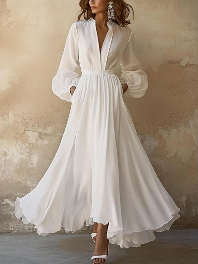 Vintage Plain White V-Neck Maxi Dress