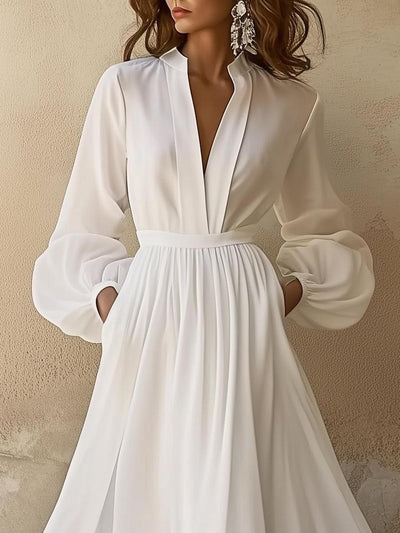 Vintage Plain White V-Neck Maxi Dress