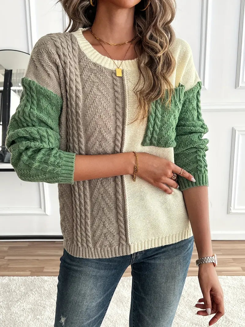 Chic Color Block Crew Neck Sweater for Women's