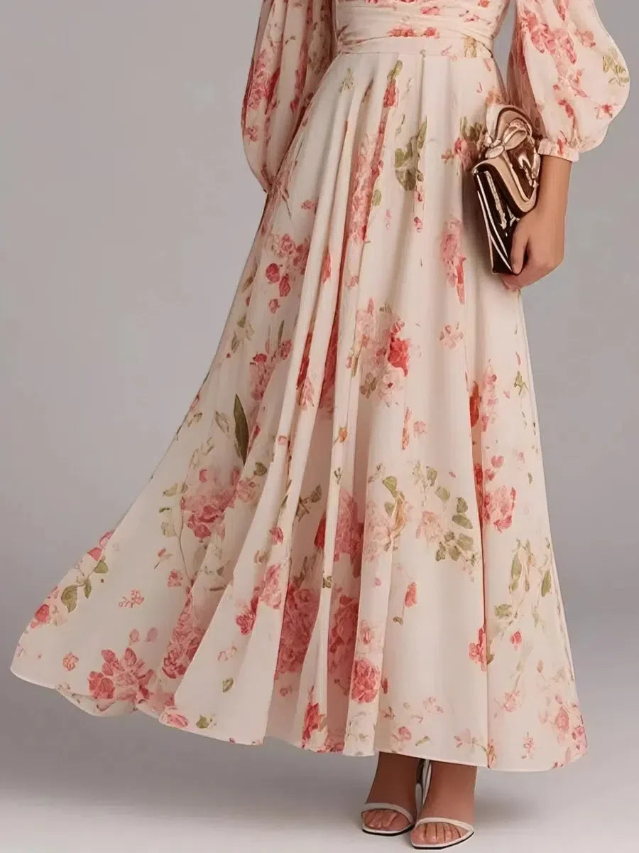 Sweet V-Neck Pink Floral Print Maxi Dress