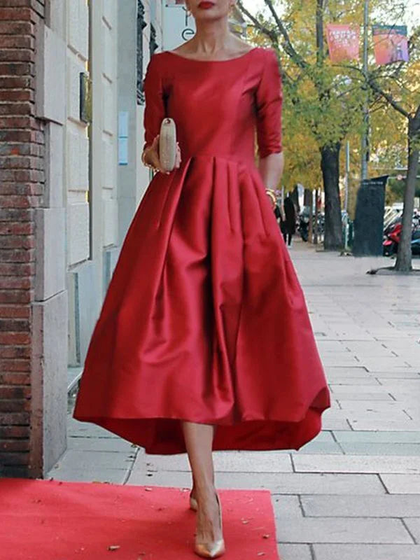 A-Line Loose Pleated Pockets Solid Color Split-Joint Round-Neck Midi Dresses