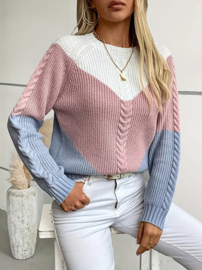 Chic Color Block Crew Neck Sweater for Women