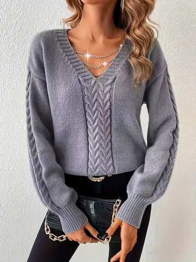 Chic V-Neck Cable Knit Sweater for Women