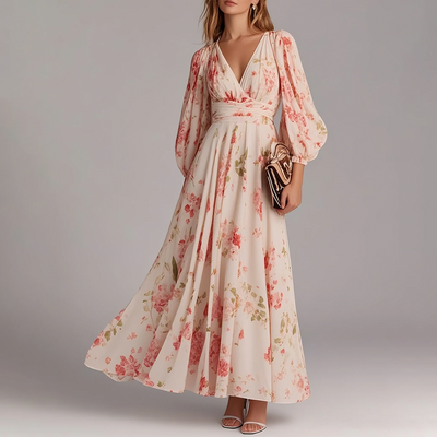 Sweet V-Neck Pink Floral Print Maxi Dress