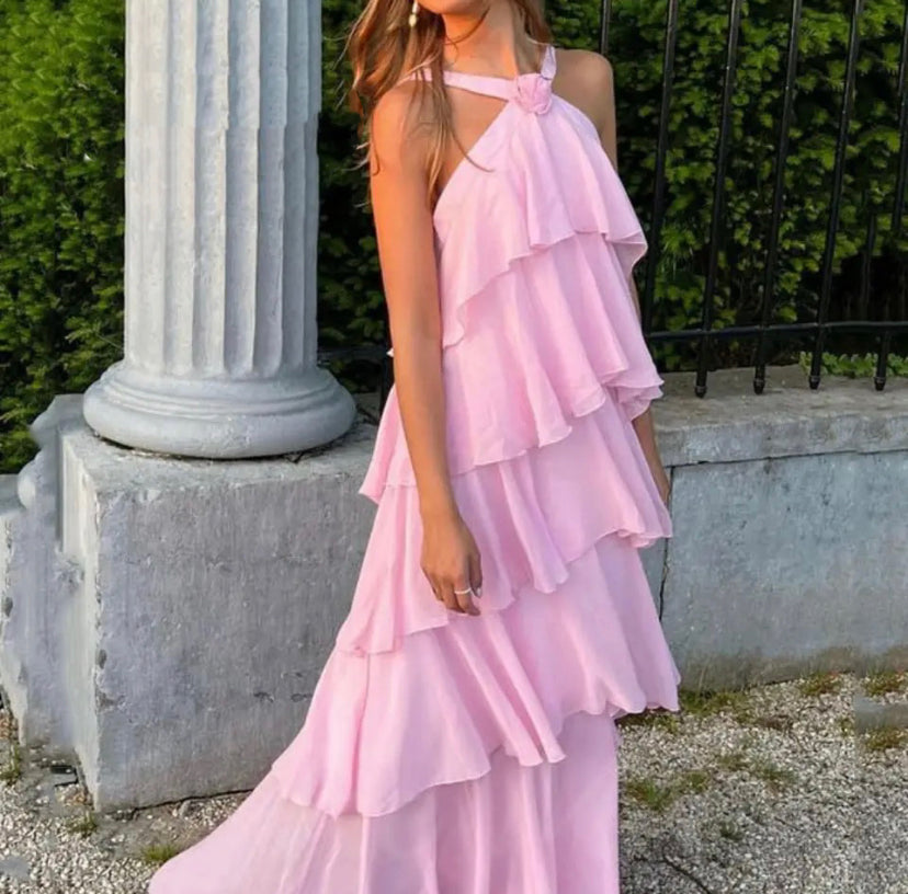 Eryndra ™ | Halterneck Layered Ruffle Maxi Dress