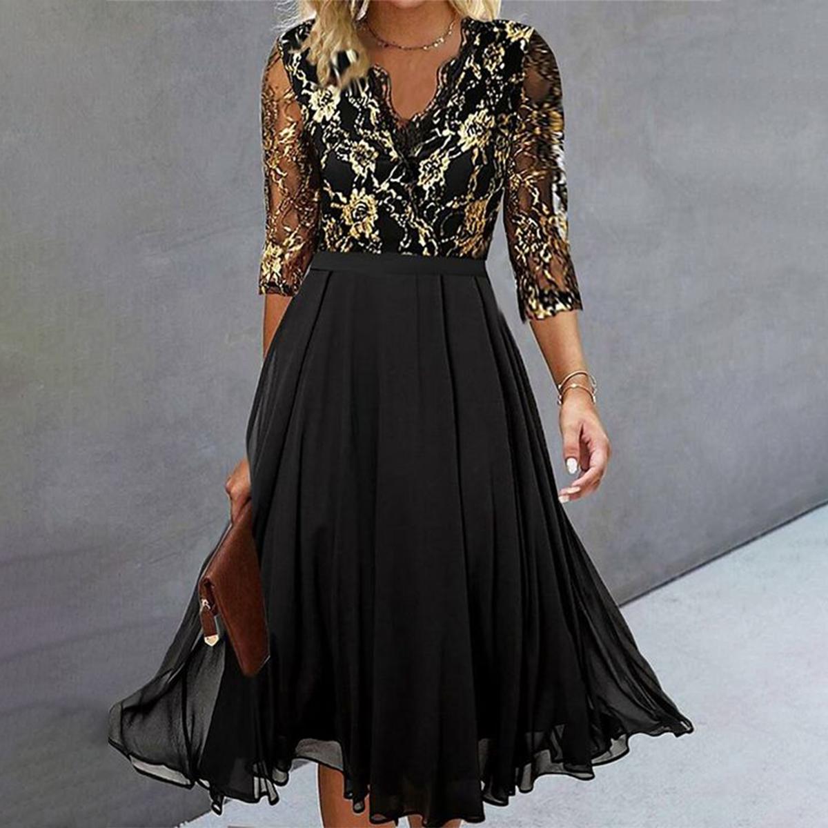 Stylish V-Neck 3/4 Sleeve Midi Dress