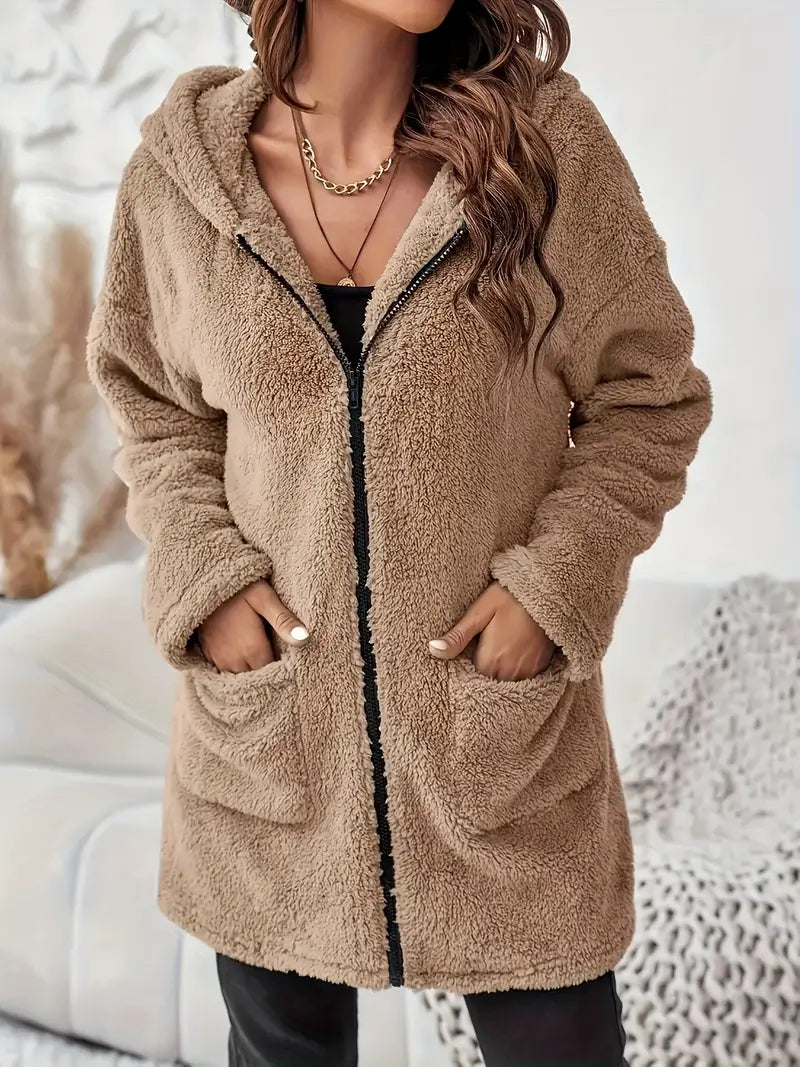 Women's Elegant Zipper Patch Pocket Long Sleeve Plush Hooded Coat