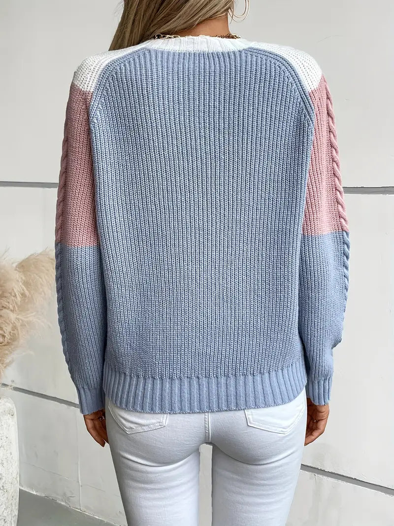 Chic Color Block Crew Neck Sweater for Women