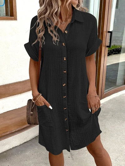 Loose Short Sleeves Buttoned Pockets Lapel Mini Dresses