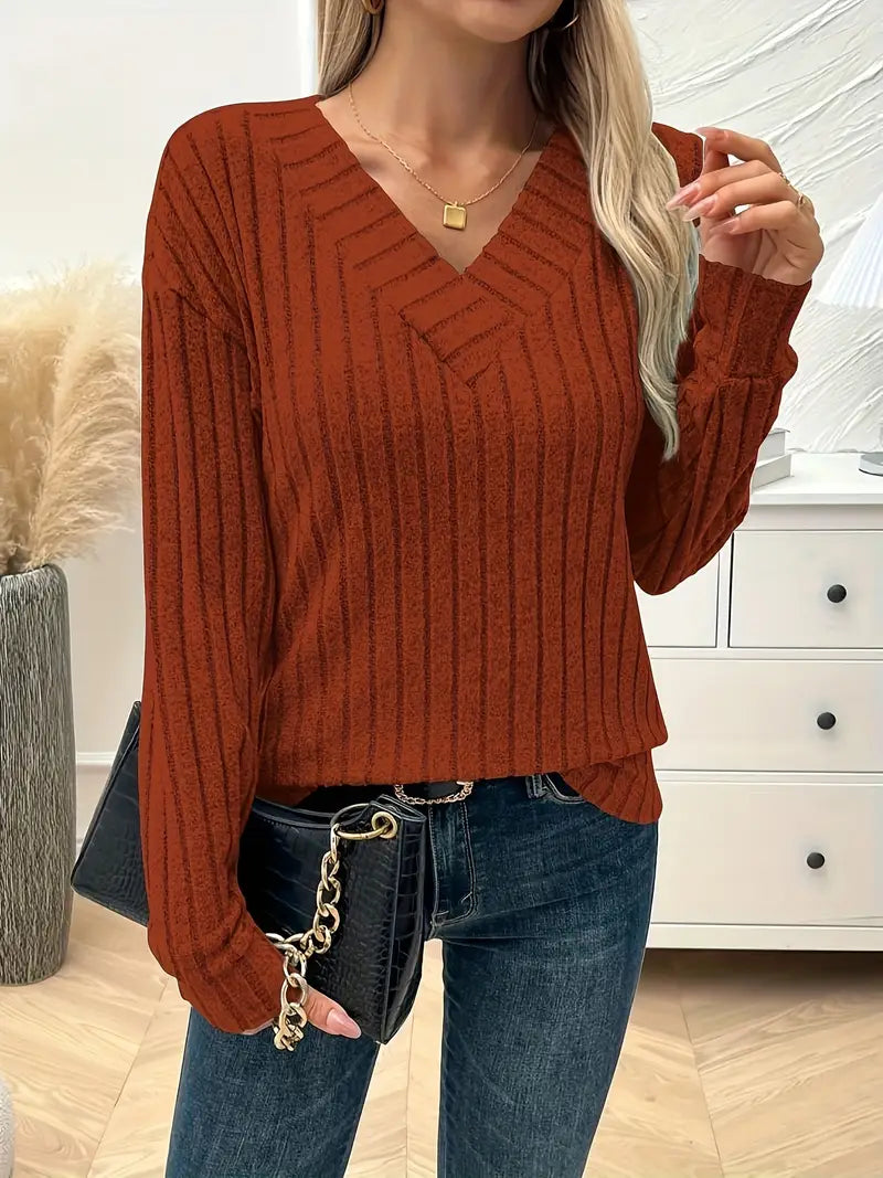 Pit Strip V-Neck Long Sleeve Sweater