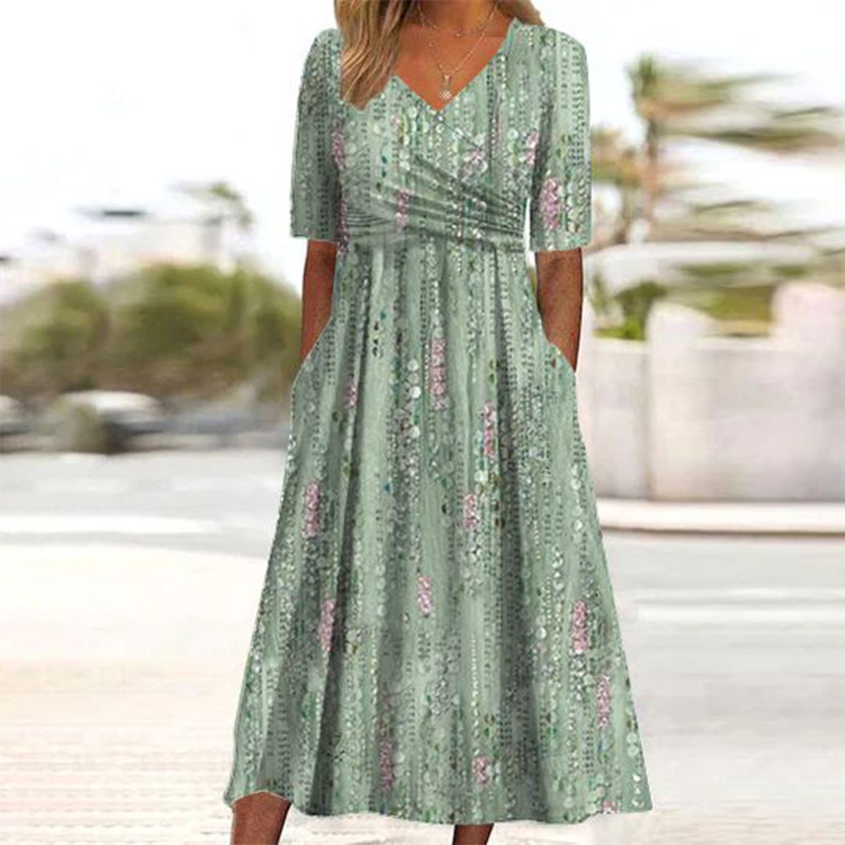 Green Plant Print Side Pocket Midi Dress