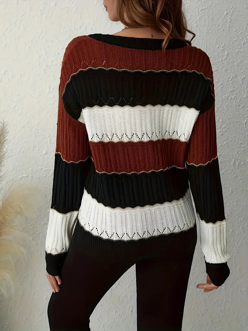 Elegant Striped V-Neck Sweater for Women's