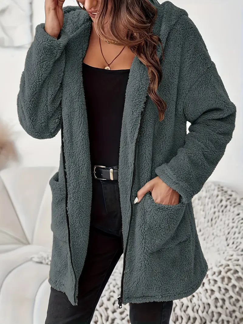 Women's Elegant Zipper Patch Pocket Long Sleeve Plush Hooded Coat