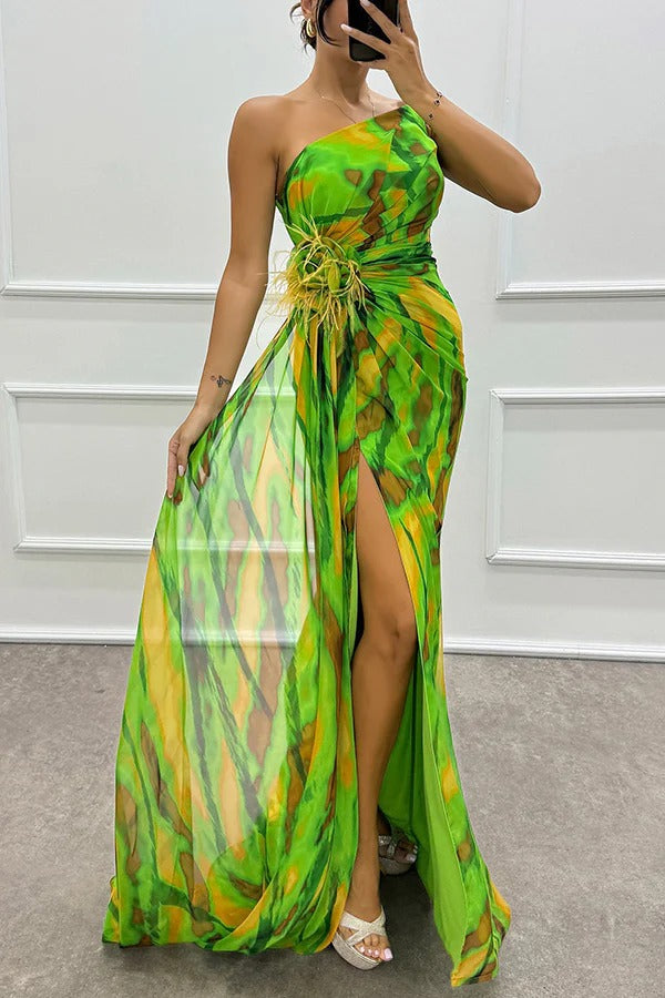 Illyra™ | Off-Shoulder Slit Printed Maxi Dress