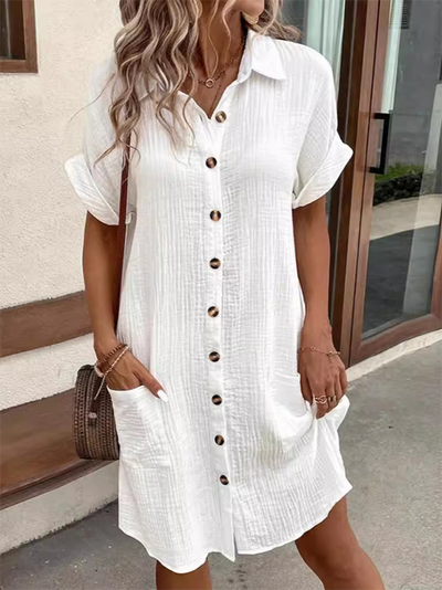 Loose Short Sleeves Buttoned Pockets Lapel Mini Dresses