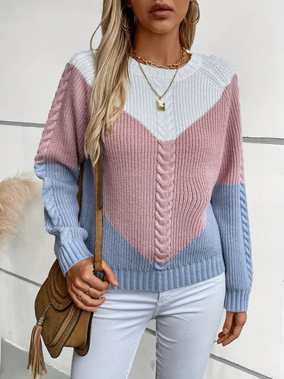 Chic Color Block Crew Neck Sweater for Women