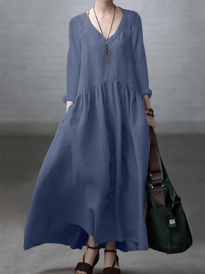 Simple and Loose V-neck Cotton and Linen Dress