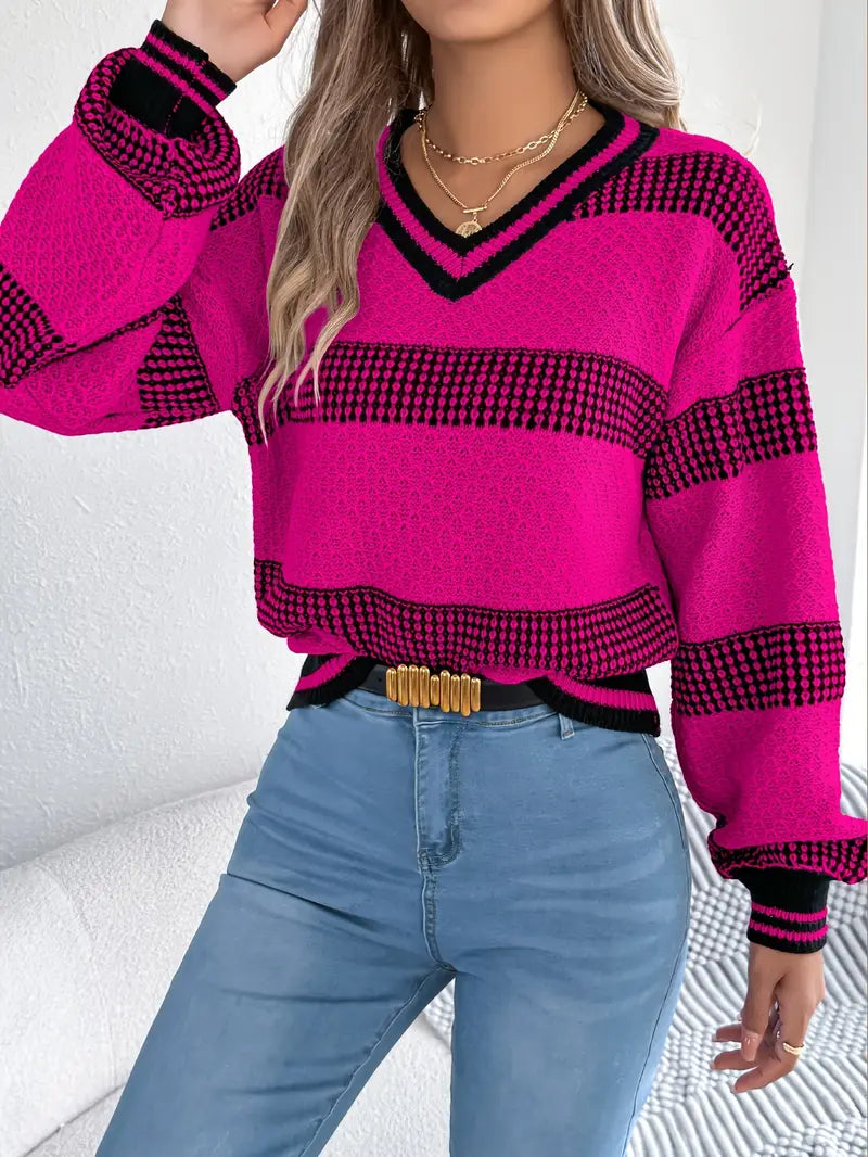 Women's Elegant Striped V-Neck Sweater