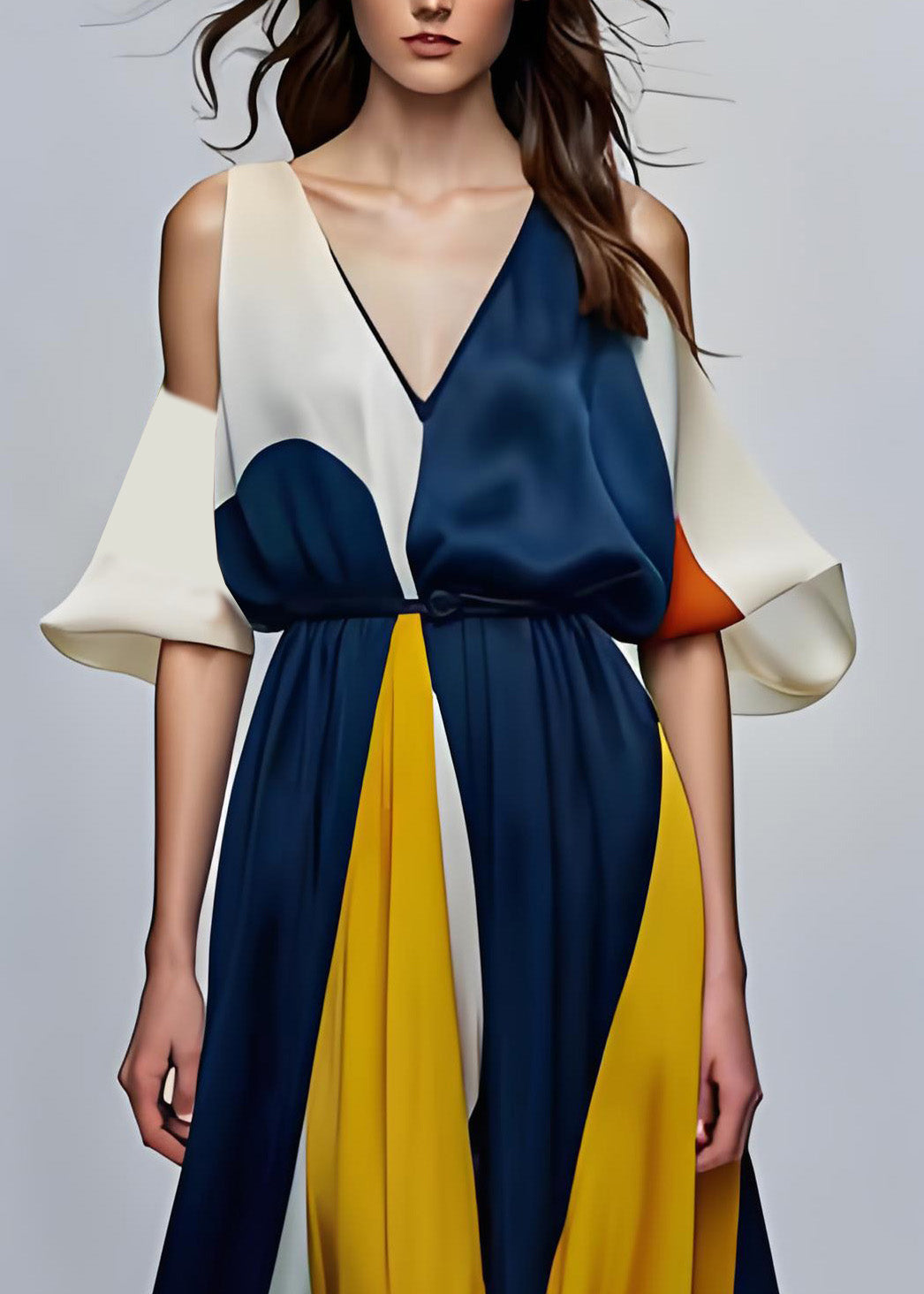 Style Colorblock V Neck Cold Shoulder Silk Maxi Dresses Summer