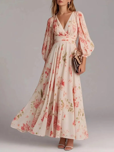 Sweet V-Neck Pink Floral Print Maxi Dress