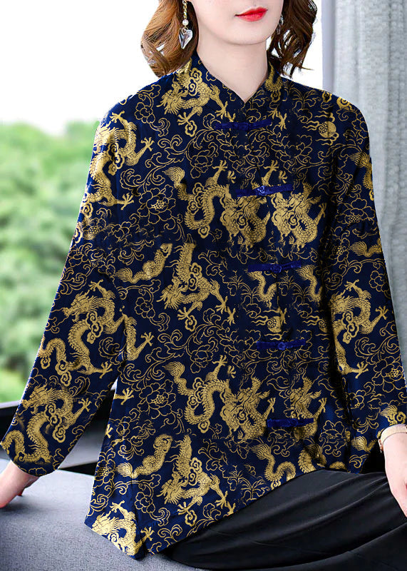 Original Black Mandarin Collar Button Floral Print Silk Coats Long Sleeve