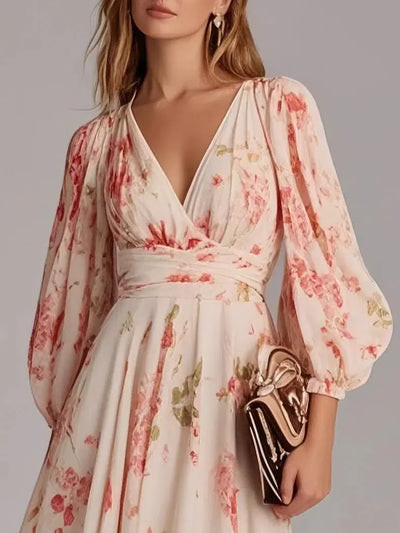 Sweet V-Neck Pink Floral Print Maxi Dress