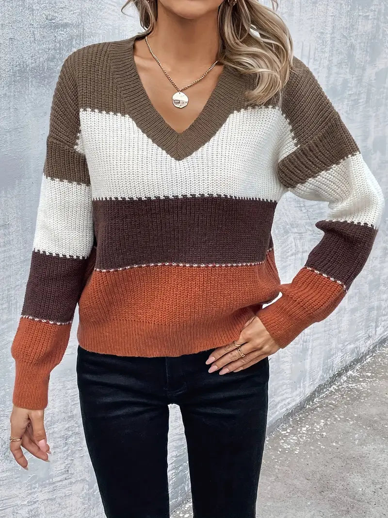 Women's Casual V-Neck Striped Pullover Sweater