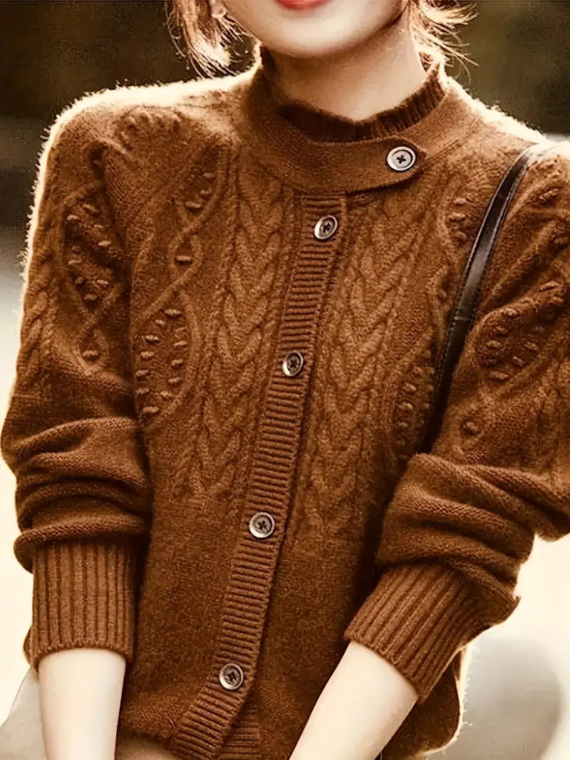 Elegant Brown Cable-Knit Cardigan with Decorative Buttons