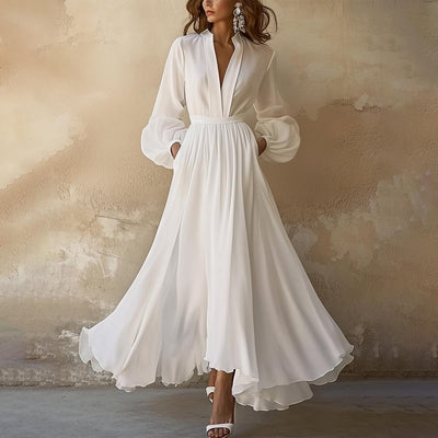 Vintage Plain White V-Neck Maxi Dress