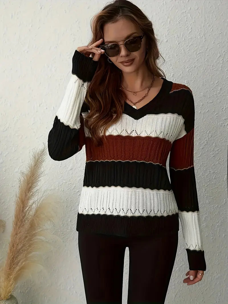 Elegant Striped V-Neck Sweater for Women's