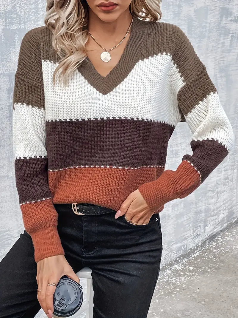 Women's Casual V-Neck Striped Pullover Sweater