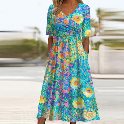 Elegant Floral Print Short Sleeve Midi Dress