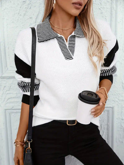 Women's Casual Knit Sweater with Color Block Stripes and Lapel Collar