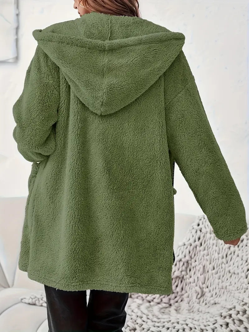 Women's Elegant Zipper Patch Pocket Long Sleeve Plush Hooded Coat