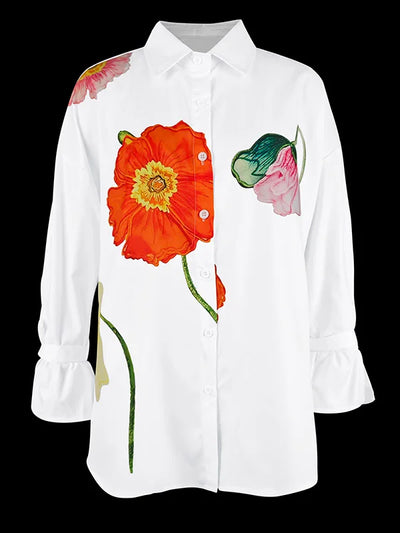 Flared Sleeves Long Sleeves Flower Print Split-Joint Tied Stand Collar Blouses&Shirts Tops