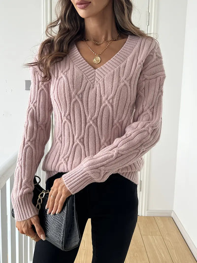 Plain V-neck Cable Knit Sweater for women's