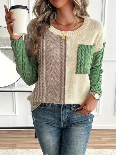 Chic Color Block Crew Neck Sweater for Women's