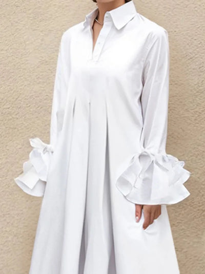 Flared Sleeves Pleated Solid Color Split-Joint Lapel Maxi Dresses Shirt Dress